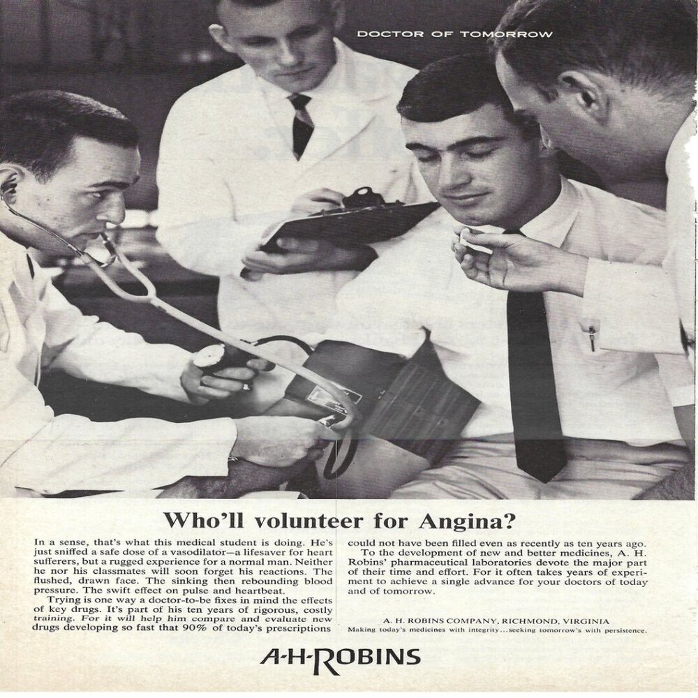 1967 AH Robins Who’ll Volunteer for Angina? Vintage Magazine Print Ad/Poster